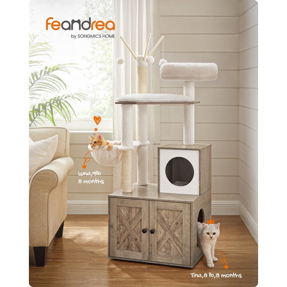 Feandrea WoodyWonders Arbre à Chat avec Meuble Cache-Litière, Tour Moderne 2-en-1, Condo pour Chat avec Poteaux à Griffer, Bâtons à Pompon Amovibles