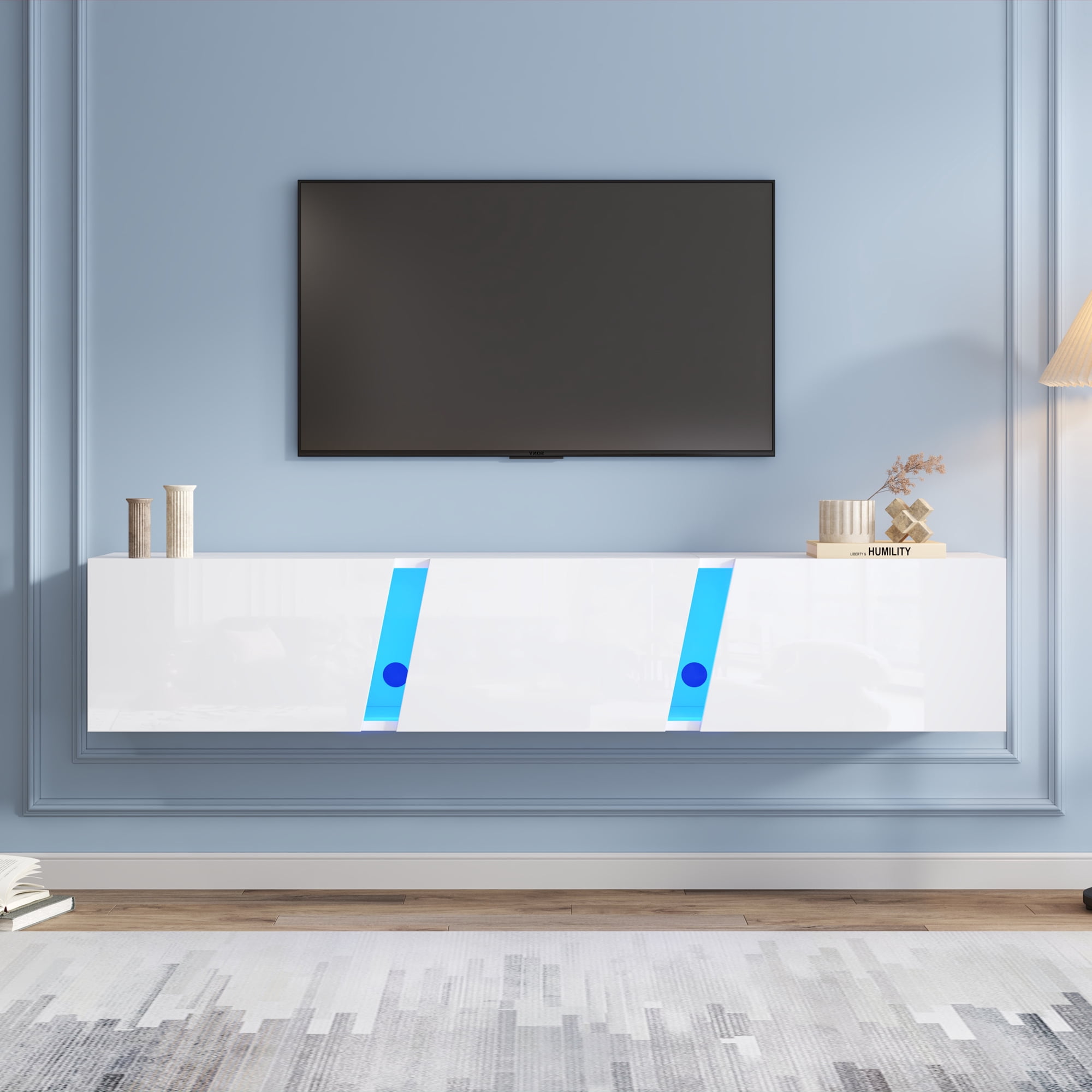 64.9*13.7*11.8'', wall-mounted TV cabinet, lowboard TV cabinet with LED lights, TV stand with 3 cabinet doors, suitable for 65-inch TVs, high-gloss white TV cabinet