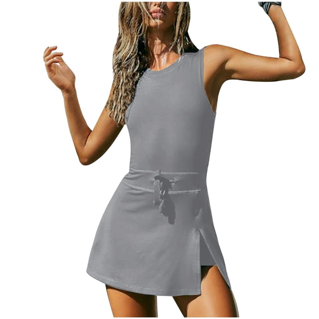 Timegard Combinaisons Courtes pour Femmes Col Rond Sans Manches à Cordon Dos Nu Jupes d'Entraînement Combinaison avec Shorts