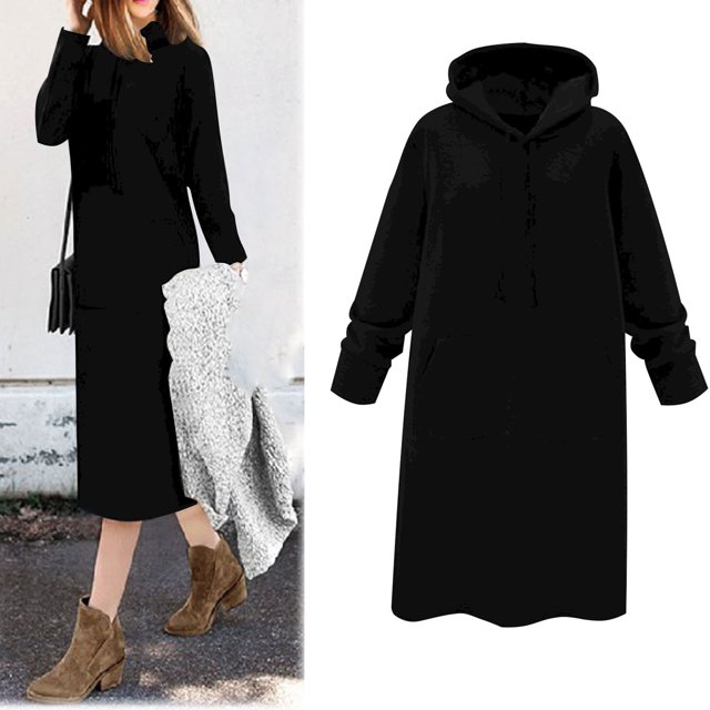 IMENGL Robe Longue à Capuche Automne Couleur Unie, Noir 2TG, Taille M-5TG