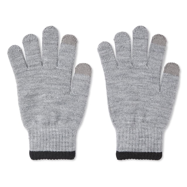 George Men's Gloves in grey knit fabric with ribbed cuffs and touchscreen-compatible thumb and index fingertips, laid flat on a white background, suitable for winter wear and adult accessories to keep hands warm and stylish.
