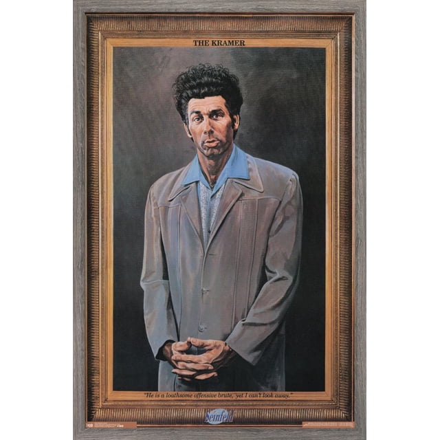 Seinfeld - Kramer Wall Poster, 22.375" x 34" featuring a framed portrait of a man wearing a light brown jacket over a blue collared shirt, standing with hands clasped. The poster includes the title 'THE KRAMER' at the top and a quote at the bottom reading, 'He is a loathsome offensive brute, yet I can't look away.' The frame has a wood texture, suitable for home décor and wall art.
