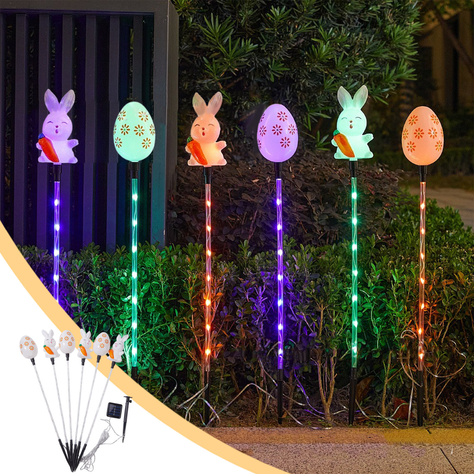 TopLLC LED Easter Solar Lights Easter Classic Colorful Bunny And Eggs Elementals Warm Color Mode Solar Ground Lights Holiday Outdoor Garden Yard Decoration One Tow Six Holiday Solar Lights