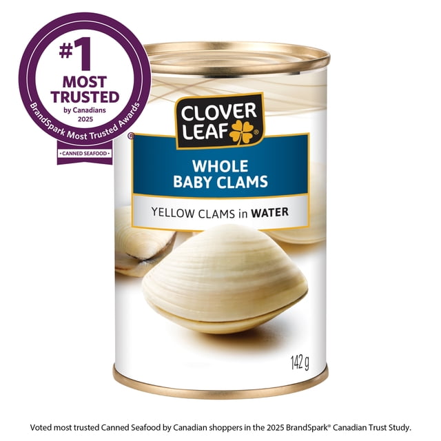 Clover Leaf Whole Baby Clams 142g can with label depicting yellow whole baby clams in water, gold metal lid and base, and a purple badge highlighting #1 Most Trusted Canned Seafood by Canadians in 2025, suitable for chowders and pasta sauces.