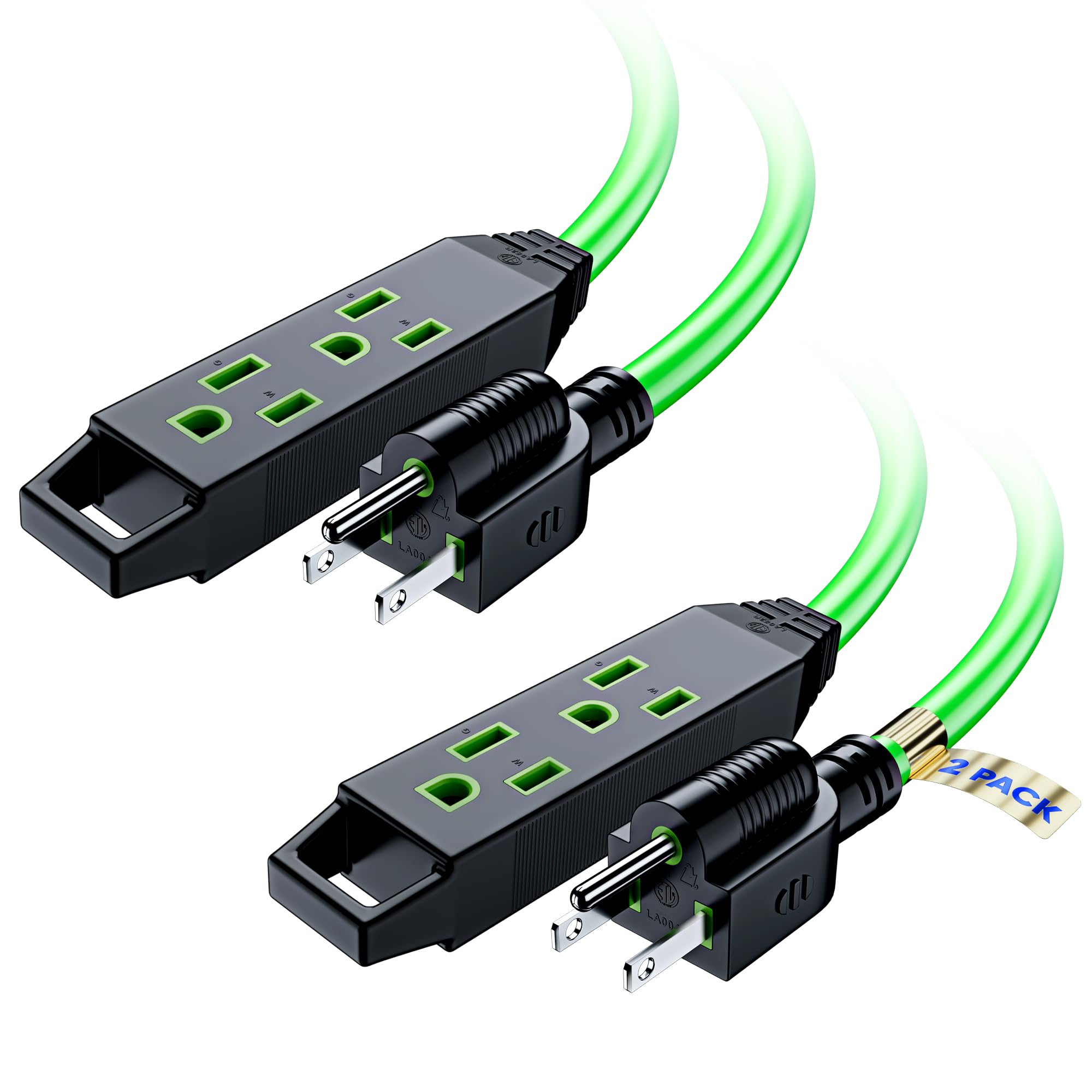 Extension Cord 4 ft, (2 Pack) Extension Cord with Multiple Outlets, 16 Gauge (Green) ETL Listed