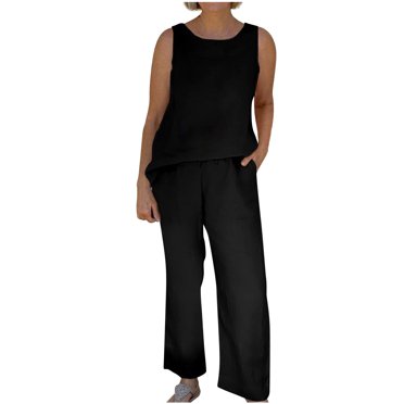 Birdeem 2Pc Fashion Woman Round Neck Solid Sleeveless Blouse +Loose Pockets Pants Sets