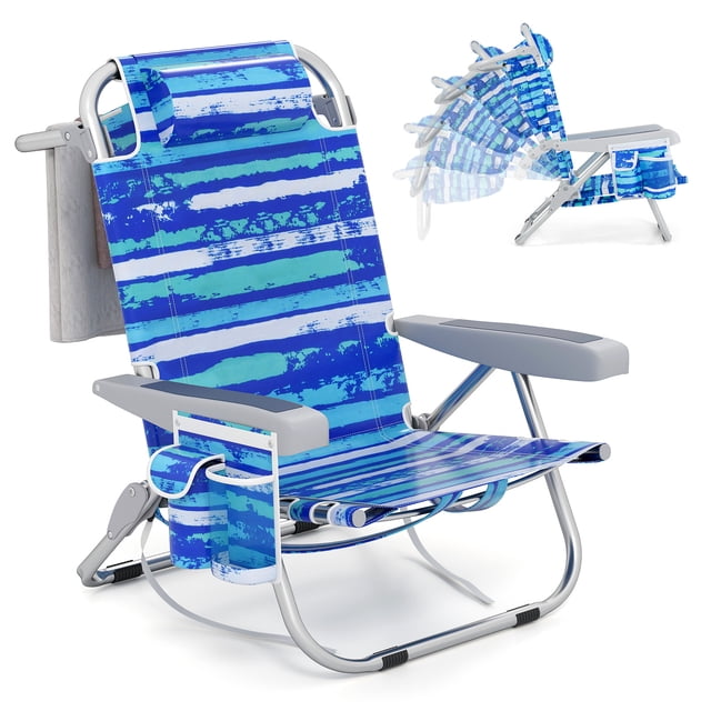 Patiojoy 1PC Backpack Beach Chair Foldable 5-Position Lay Flat Lounge Chair Navy