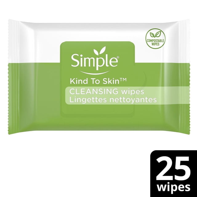 Simples Paquet de Lingettes pour le Visage en Emballage Vert et Blanc Étiqueté Kind To Skin et Lingettes Compostables, Contenant 25 Lingettes Conçues pour Nettoyer en Douceur, Hydrater et Retirer le Maquillage des Peaux Sensibles.