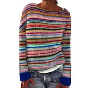 LOVZFMLL Sweaters for Women Acrylic Crew Neck Ribbed Pullover Vintage Striped Casual Loose Long Sleeve Tops Warm Fall Winter Clothes