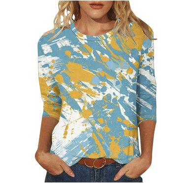 HKEJIAOI Womens Floral Printed 3/4 Length Sleeve Shirts Round Neck Loose Fit T-Shirts Casual Fashion Pullover Tops, Light Blue-C M