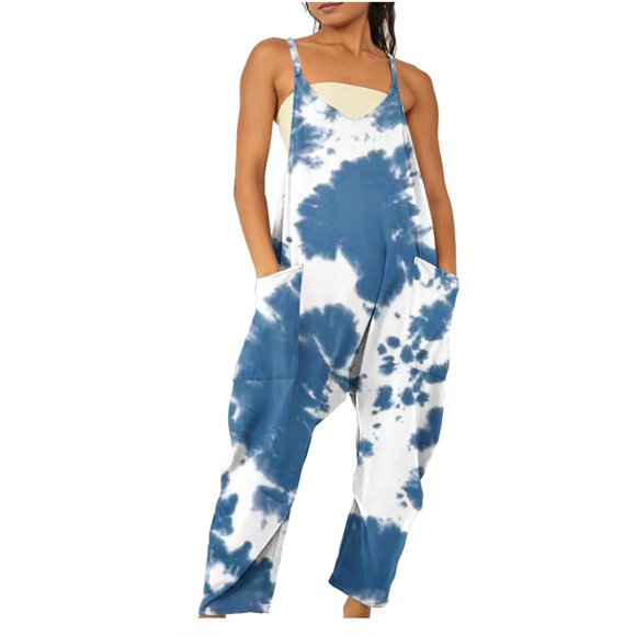 Combinaisons pour Femmes Décontractées à Imprimé Teinture sur Nœuds Sans Manches à Col Rond Pantalons pour Femmes Mode Coupe Ample Quotidien Gilet à Bretelles Léger Fête Vacances Plage Combinaison avec Poche (Bleu Ciel,m)
