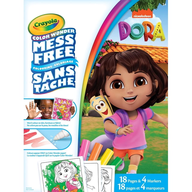 Crayola Color Wonder Mess-Free Colouring Pages & Mini Markers featuring Dora the Explorer, including 18 themed colouring pages and 4 mess-free markers that colour only on special Color Wonder paper, safe for skin and fabric, ideal for kids aged 3 and up.