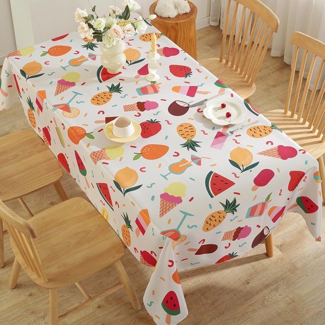 Summer Rectangle Tablecloth 60x120 Inch Lemon Ice Cream Watermelon Print, Waterproof Polyester Cover for Dining, Party, Patio, Outdoor