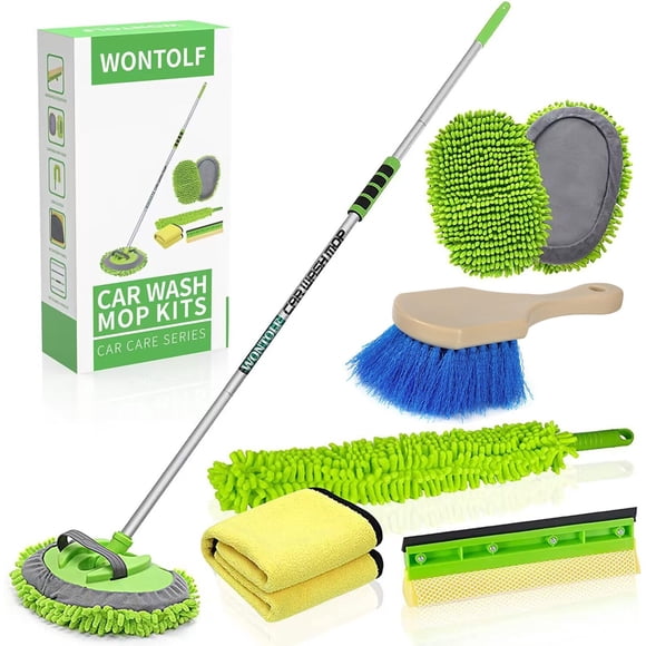 Wontolf Brosse de Lavage de Voiture 62 Pieds' avec Long Manche, Microfibre Chenille, Gant de Lavage, Kit de Nettoyage de Voiture, Raclette pour Pare-Brise, Dépoussiéreur de Voiture, Serviettes en Microfibre, Brosse pour Pneus de Voiture, RV, Camion, Bateau