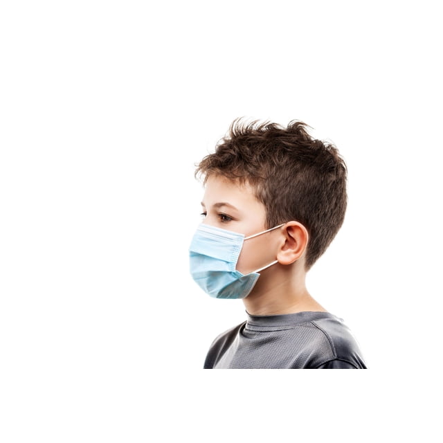 Medical Procedure Face Mask ASTM Level 3 Kids (50 Masks) - Made in Canada. A child wearing a CanadaMasq ASTM Level 3 disposable kids' face mask, featuring a secure fit with soft ear loops and a nose bridge. The mask has a 3-layer construction for filtration and comfort, offering 98% filtration efficiency and fluid resistance. Suitable for personal safety and everyday use.