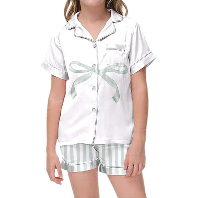 Ensemble de Pyjama pour Filles à Imprimé Rayé, Manches Courtes, Shorts, Confortable, Décontracté, Tenue de Nuit pour Enfants, Été, Tout-Petits, Tenue de Nuit
