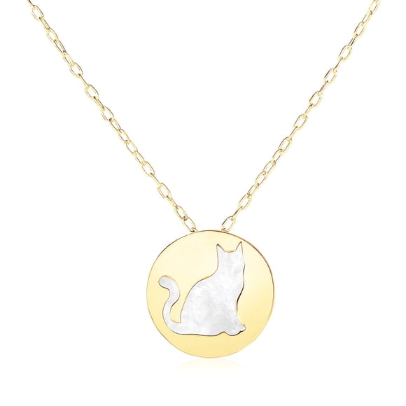 Collier en Or Jaune 14k avec Symbole de Chat en Nacre Taille 16 Pouces
