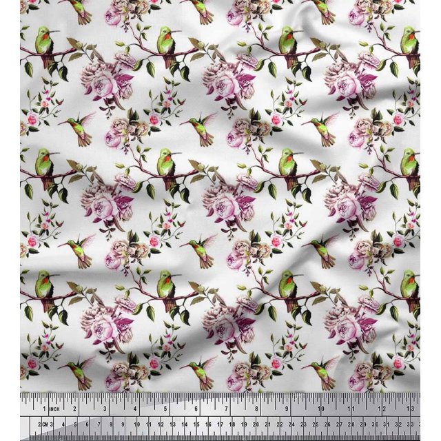 Soimoi Tissu Popeline de Coton Colibri, Feuilles & Roses Imprimés Floraux au Mètre 56 Pouces de Large