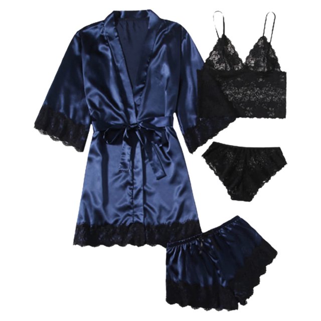 DuoJiaJ Women Nightgowns,Women's 4 Piece Lace Satin Strap Sleep Set With Robe Seductive And Comfortable Blue