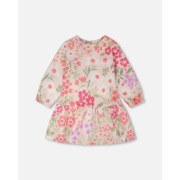 Robe en Ratine Française Rose à Fleurs Imprimées