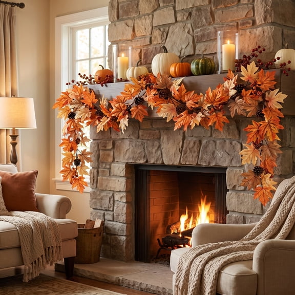 Artificial Fall Maple Leaf Wreath with Pinecones and Berries for Front Door Thanksgiving Indoor Outdoor Wall Hanging Decor