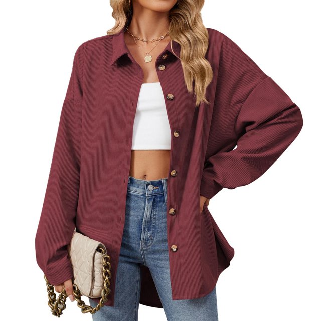 RXIRUCGD Mode Femme Couleur Unie Manches Longues Col à Revers, Vin, Taille : L