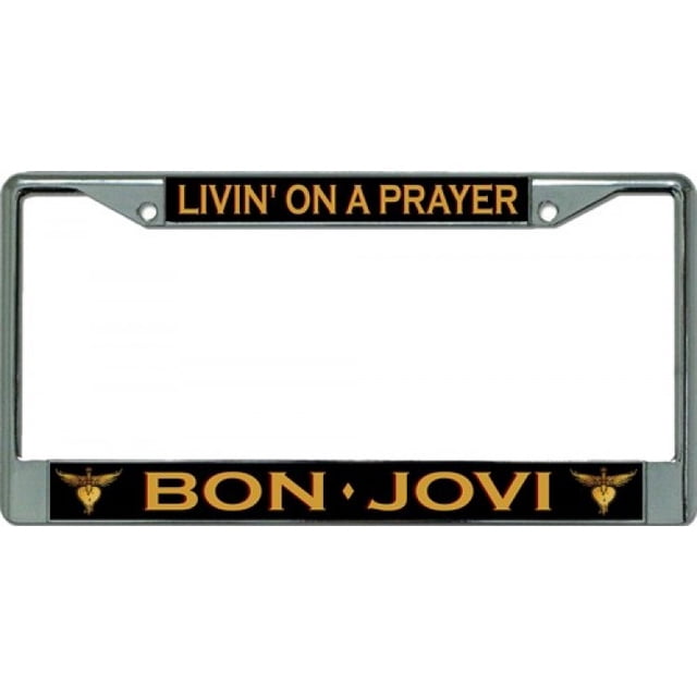 Bon Jovi Livin' On A Prayer Chrome License Plate Frame featuring a durable chrome-plated design with multicolour accents. The top section displays 'Livin' On A Prayer' in bold yellow text on a black background, while the bottom section features 'Bon Jovi' with decorative logos on each side. Fits standard 6" x 12" license plates and includes pre-drilled holes for easy mounting.