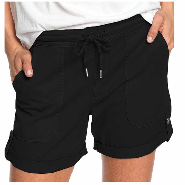 AherBiu Shorts de Randonnée pour Femmes à Cordon, Taille Haute, à Boutons, Ourlet Roulé, Couleur Unie