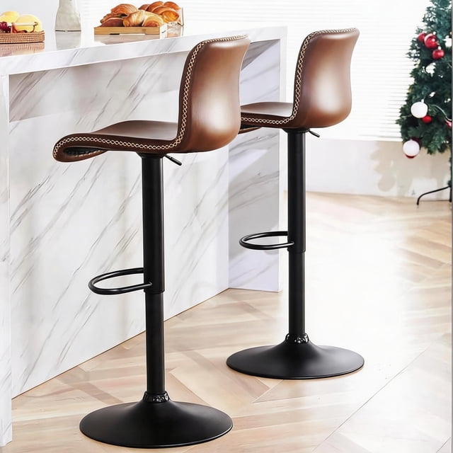 Bar Stools Set of 2, Height Adjustable Swivel Barstools, Bar Chairs with Backs & Metal Footrest for Home Kitchen, Barstools for Kitchen Dining Reception, PU Leather, Coffee