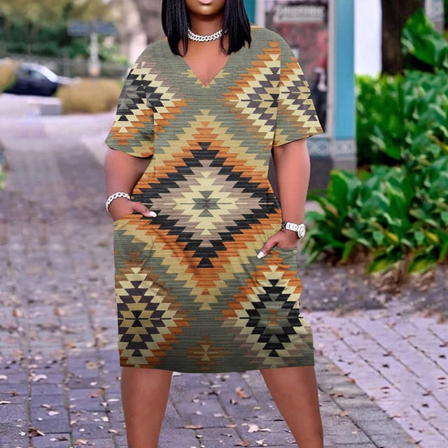 Robes pour Filles Robe Grande Taille pour Femmes Col en V Été Décontractée Robes d'Été Poche Genou Manches Courtes avec Poches en Liquidation