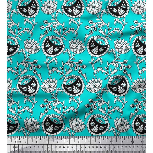 Soimoi Polyester Crepe Fabric Leaves & Floral Block Printed Fabric 1 Yard 42 Inch Wide