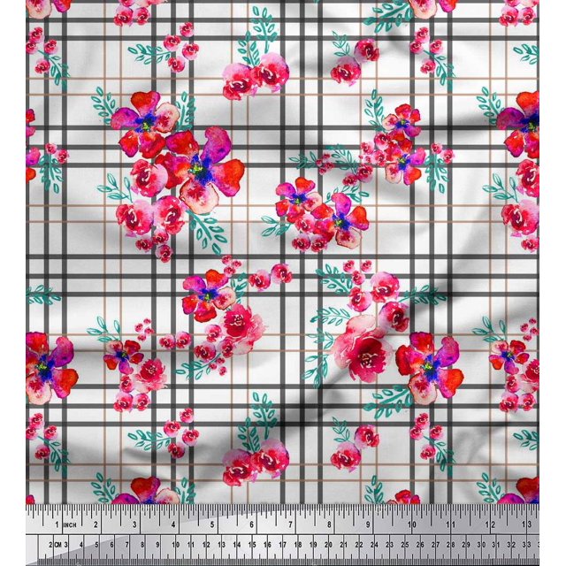 Soimoi White Moss Georgette Fabric Check & Floral Print Fabric by the Yard 42 Inch Wide