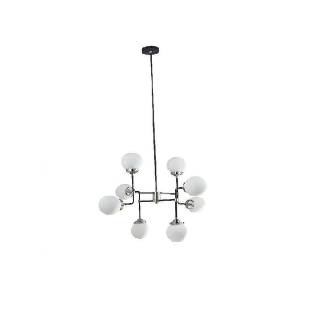 Lampe Suspendue Burnaby avec Huit Abat-Jour en globe de Verre Blanc sur un Cadre en Métal Suspendu par une Tige Centrale, Mesurant 57 Pouces de Hauteur et 35 Pouces de Diamètre, Convient à l'Éclairage Suspendu au Plafond pour Intérieurs de Maison.