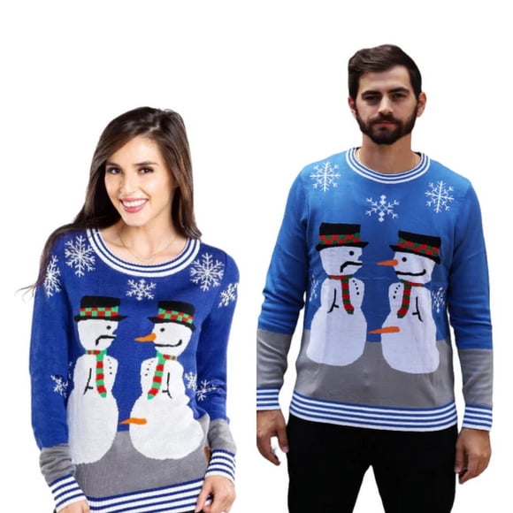Couple - Snowman Nose Thief Blue Christmas Sweater Couple's Ugly Christmas Sweater