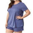 thumbnail image 3 of AherBiu Ensembles de Pyjamas Grande Taille pour Femmes Col Ras du Cou Manches Courtes Hauts T-Shirts avec Shorts à Jambes Larges Ensemble de Pyjama 2 Pcs, 3 of 4