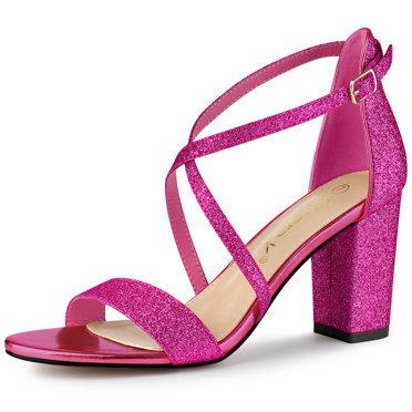 BLISSFUL STEP Sandales à Talon Bloc pour Femmes à Paillettes à Brides Croisées Rose Vif 9