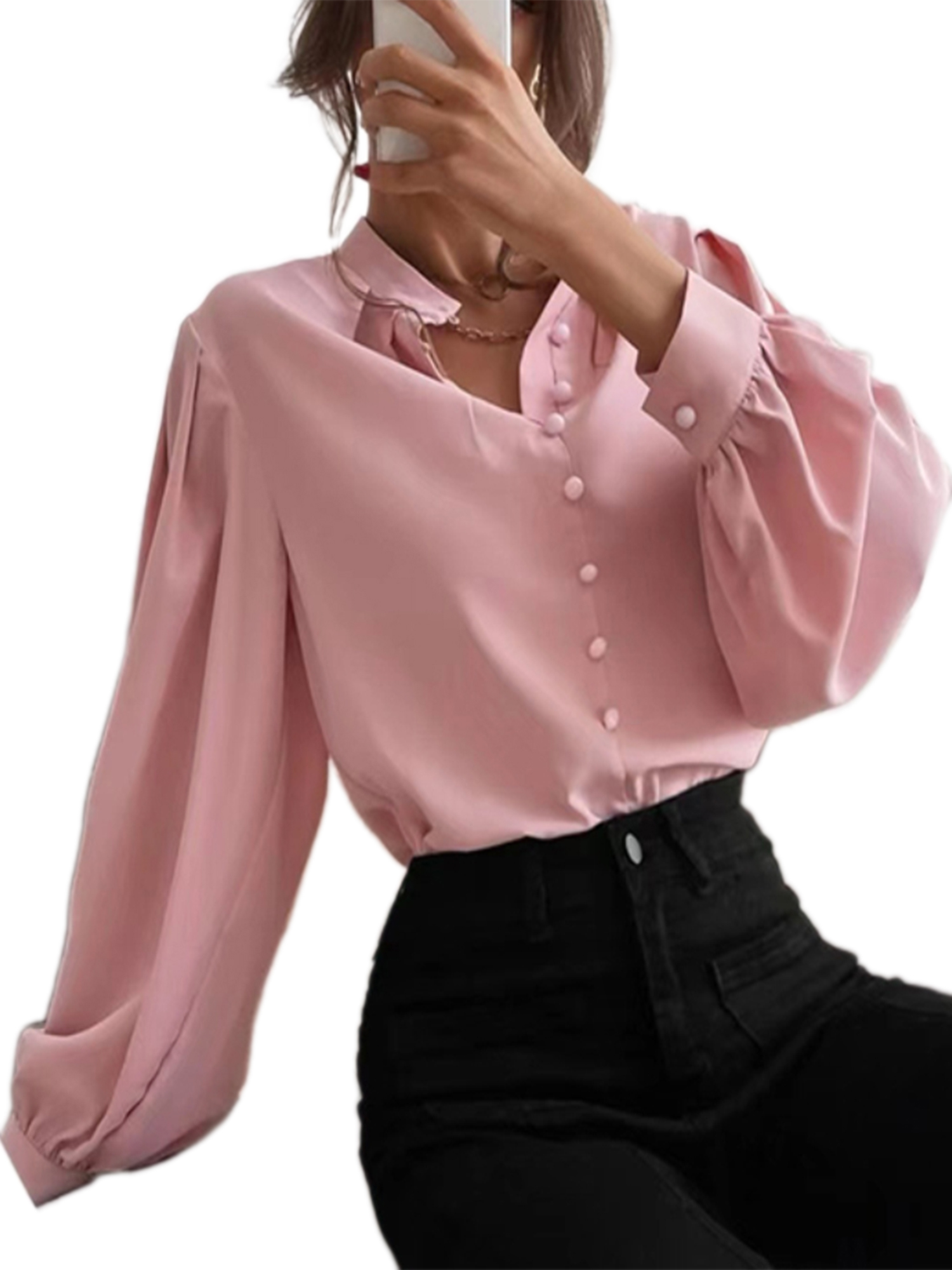 LUXUR Ladies Long Sleeve Tops Loose Work Shirts Pink XXL