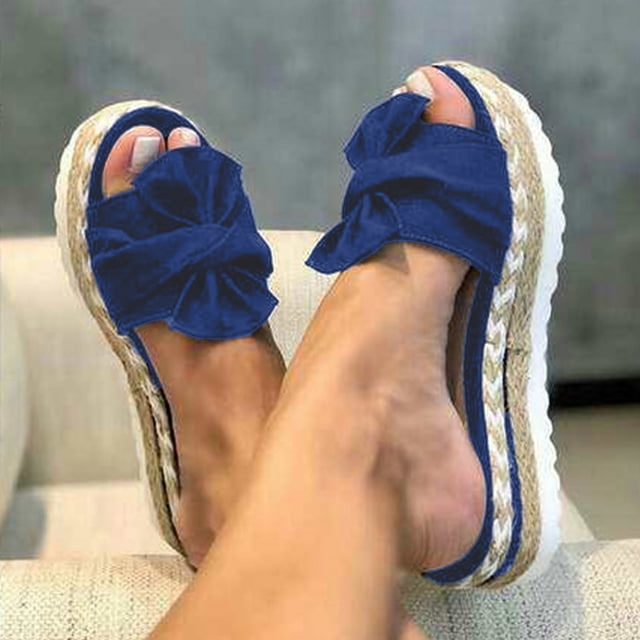 Mikilon Women Bowknot Beach Summer Slippers Platform Slope Heels Plus Size Shoes