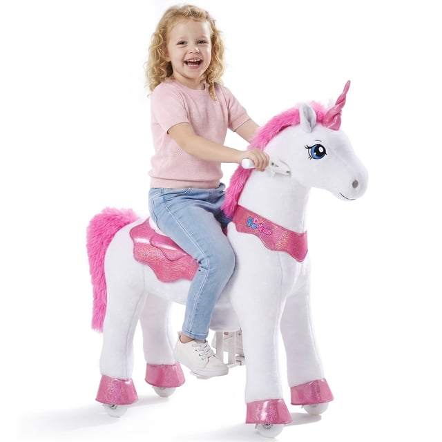 PonyCycle Ride-On Unicorn Toy for Kids, No Battery Riding Toy with Hand Brake, Indoor Outdoor Use, Ages 4–7, Pink, E412