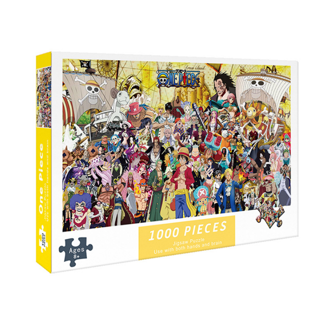 Jigsaw Puzzles for Adults Kids 1000 Pieces featuring vibrant artwork inspired by popular characters, packaged in a sturdy box with dimensions of 29.5 x 19.69 inches when completed. Includes a high-definition reference poster and lettered zones for easier assembly. Made from high-quality recycled cardboard with a durable finish, suitable for ages 14 and up. Ideal for family bonding, intellectual development, creative relaxation, and DIY educational games.