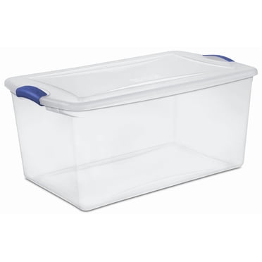Sterilite 62 Liter Latch Box, Clear Plastic Storage Bin with Lid, Blue Latch