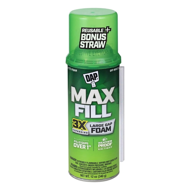 DAP Touch ‘N Foam Max Fill™ Triple Expanding Sealant - 340g off white, green aerosol can with translucent green cap labeled reusable bonus straw, designed to fill large gaps over 1 inch with 3x expanding foam that creates a weatherproof, air-tight seal blocking air, moisture, and pests to improve home energy efficiency.