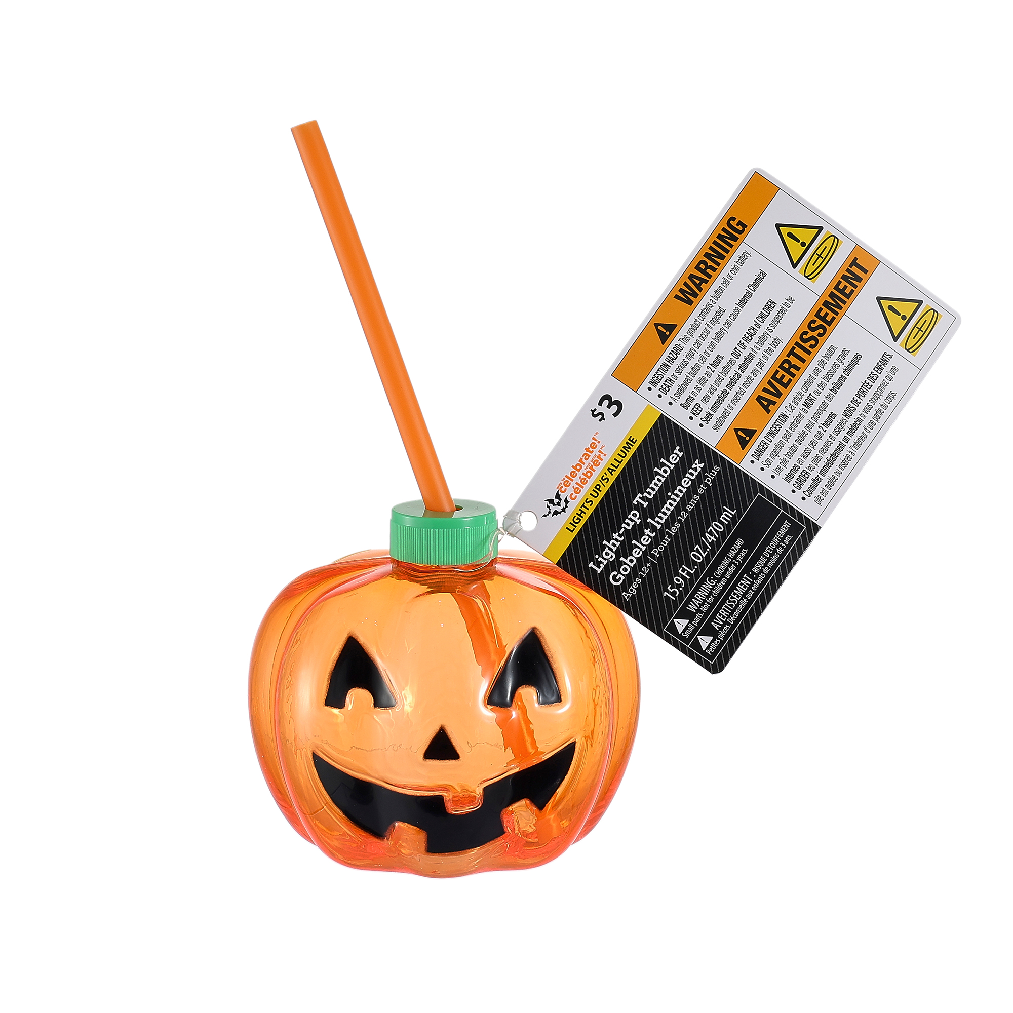 Gobelet lumineux citrouille d’Halloween, Orange translucide, Gobelet avec couvercle et paille, Âges 3+, Favors de fête, par Way to Celebrate