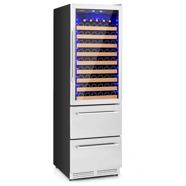 Costway 24 Inch Wine and Beverage Refrigerator with Independent Temperature Control featuring a sleek silver design with a triple-layer glass door. The upper section includes nine beech wood shelves illuminated by blue LED lighting, capable of holding up to 108 wine bottles. The lower section consists of two stainless steel drawers with expandable grid organizers and wire baskets, accommodating up to 175 beverage cans. This dual-zone fridge offers independent temperature controls, with the upper zone ranging from 41℉ to 72℉ and the lower zone from 39℉ to 46℉. Designed for both freestanding and built-in setups, it operates quietly at ≤37dB and includes a 360° 3D air duct system for frost-free cooling.