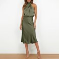 thumbnail image 3 of Daiosportswear Robes de Cocktail pour Femmes Satin Soie Sans Manches Col Montant Taille Haute Maxi Robe d'Invitée de Mariage Vêtements de Printemps, Robe Sans Manches pour Femmes Vert Armée TG(TG), 3 of 8