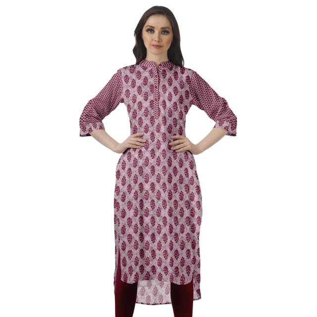 Moomaya Tunique en Coton à Manches Retroussables pour Femmes Kurti Imprimé Longueur Genou Kurta d'Été