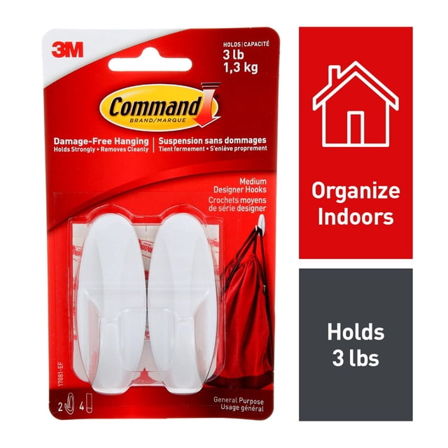 Command™ Crochet de Designer 17081-EF, Moyen, Blanc, Crochets Suspendus Sans Dommages dans un Emballage Rouge, Pouvant Supporter jusqu'à 3 Lb (1,3 kg), Conçu pour une Forte Adhérence et un Nettoyage Facile sur Diverses surfaces comme la Peinture, le Bois et les Carreaux, Idéal pour l'Organisation Intérieure et Adapté pour Accrocher des Sacs Légers Ou des Accessoires.