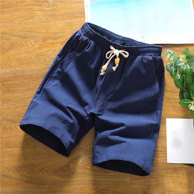 Styesk Mens Shorts Man Solid-Color Casual Pocket Cotton-Linen Drawstring Elastic-Waist Half Shorts Pants
