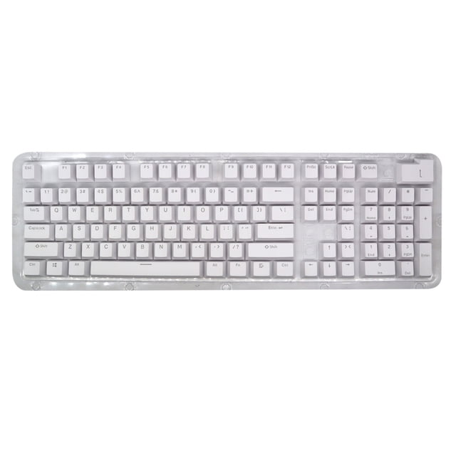 EGNMCR Clavier Gaming Clavier de Jeu 104 Touches Cap Rétroéclairé Coloré Remplacement de Touches Clavier Mécanique. l'Image Montre un Ensemble Complet de 104 Touches Blanches Disposées en Disposition QWERTY, Conçues pour les Claviers Mécaniques. les Touches Comportent un Profil Ergonomique OEM pour une Saisie Confortable et Sont Fabriquées en Utilisant un Processus de Moulage par injection Bicolore durable pour Prévenir la Décoloration. un Extracteur de Touches Est Inclus pour un Remplacement Facile. Convient aux Claviers avec Barre d'Espace standard et Entrent des configurations de Touches