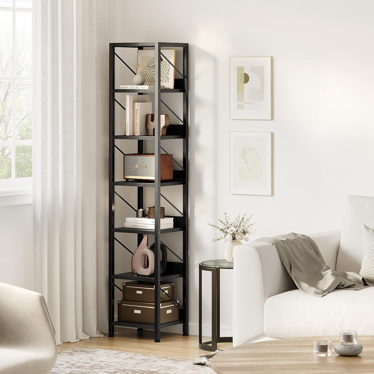 Ourlova Bookshelf - Narrow Bookcase Tall Skinny Storage Rack Shelf - 6 Tier Standing Bookshelves Metal Frame Rustic Display Racks Industrial Book Shelf for Bedroom/Living Room/Home/Office - Black